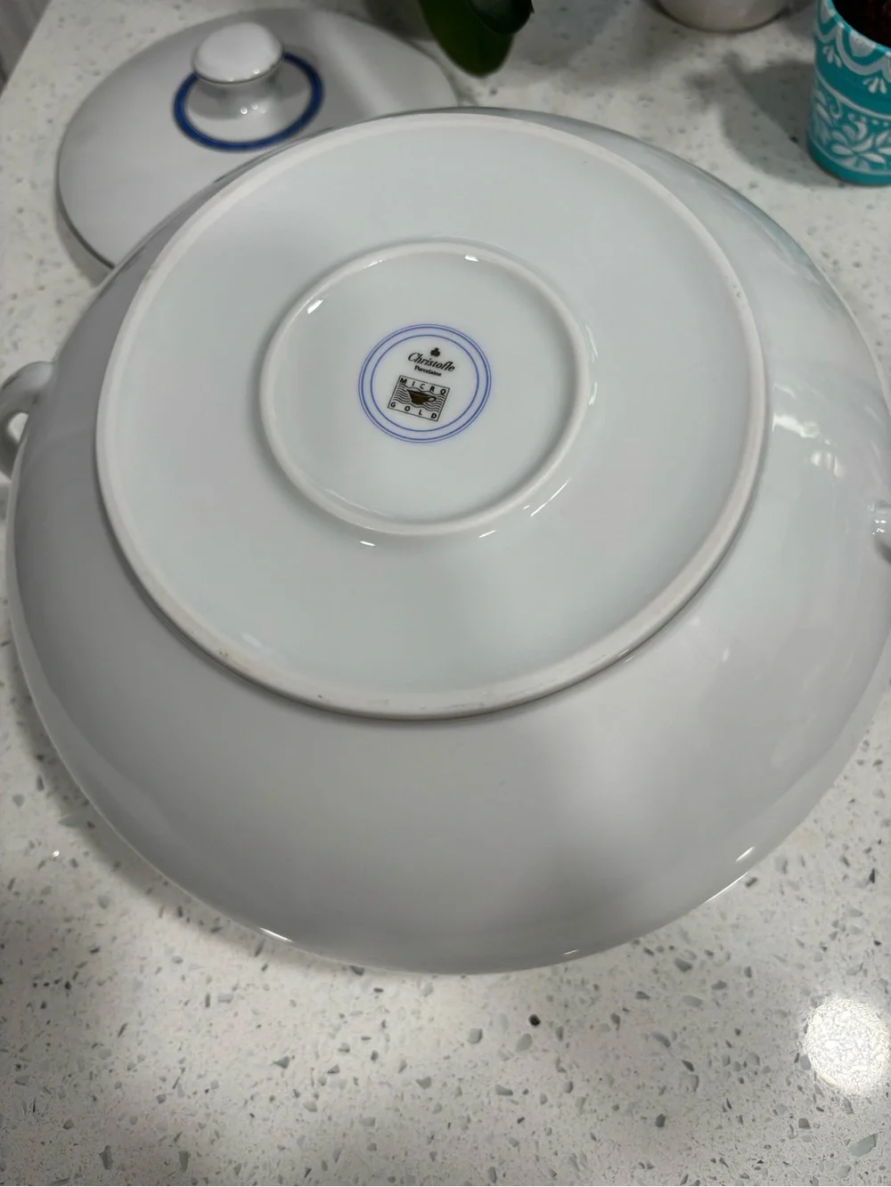 Christofle White Porcelain Covered Soup Tureen with Blue Band